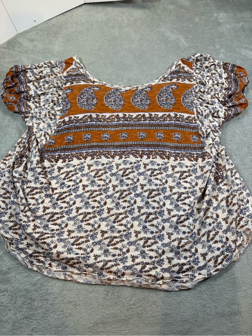 Free People Paisley Boho Puff Sleeve Swing Top Blouse Cream Rust Orange M